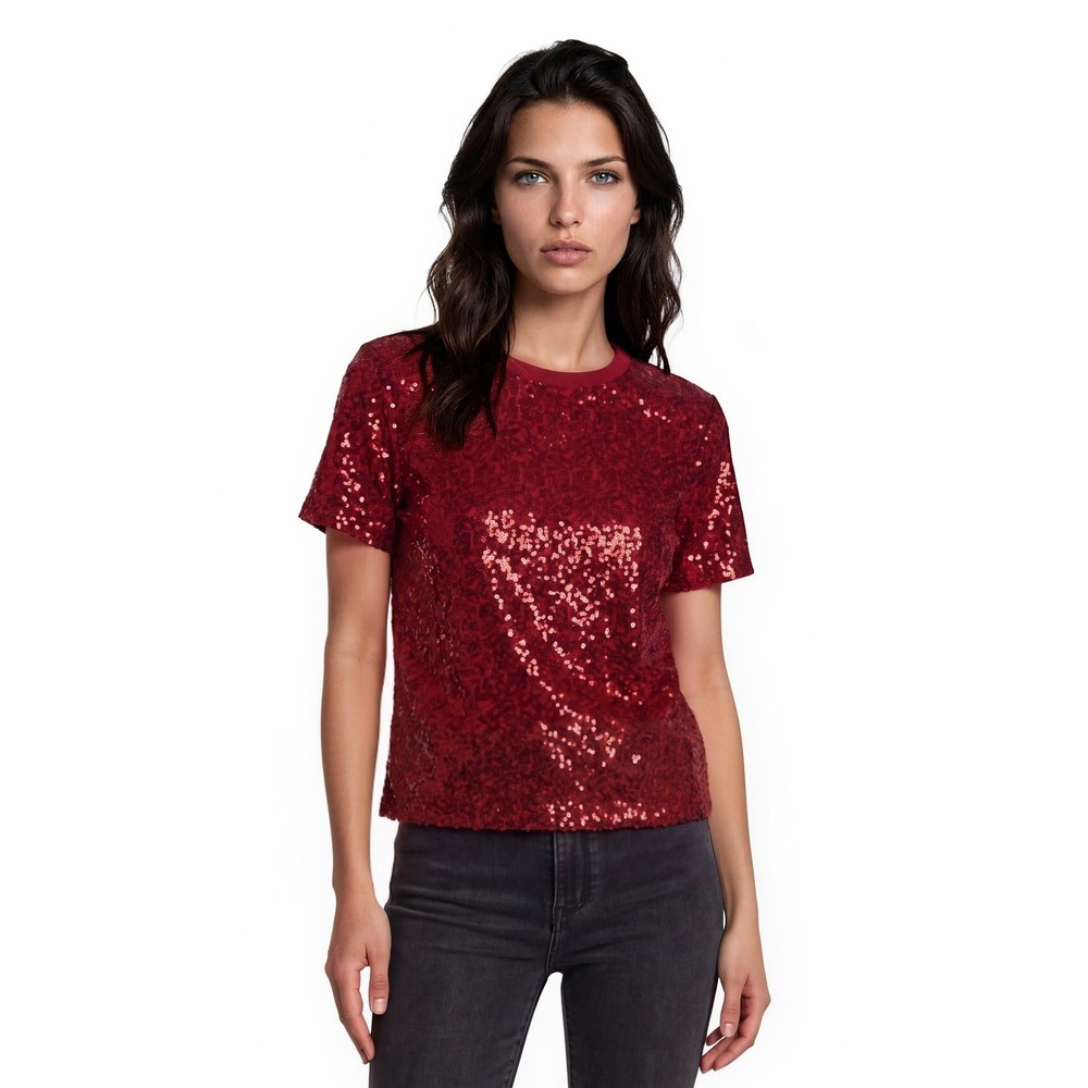 NEW DKNY Red Sequin T Shirt Blouse Top Women's Size Small Crew Neck Holiday